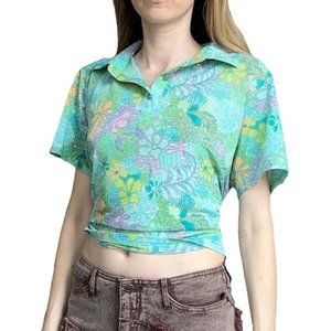 Vintage floral short-sleeved button-up shirt with iridescent glitter details